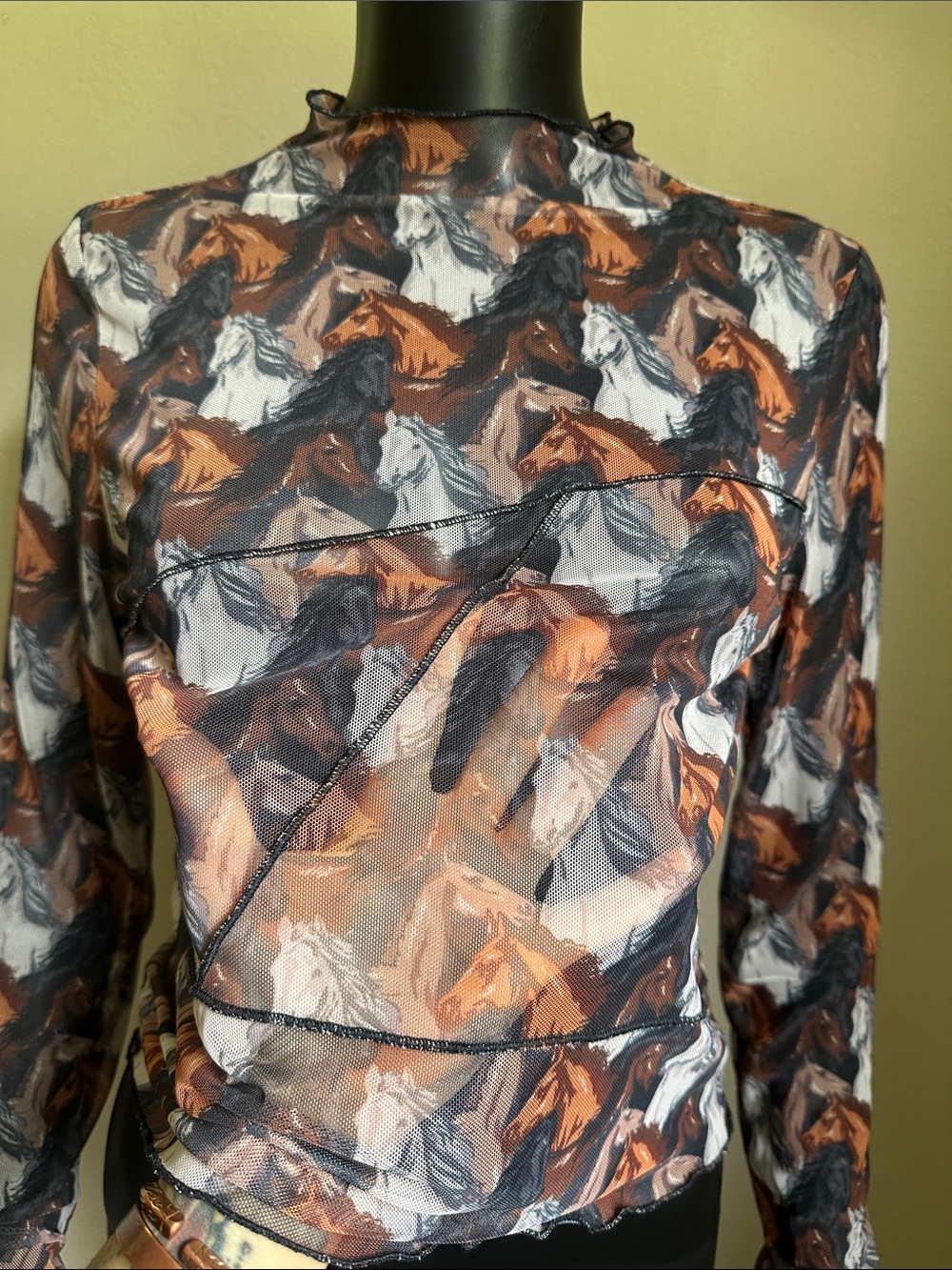 Sheer Horse-Print Long Sleeve Top - Brown/Black/White - Picture 3 of 11